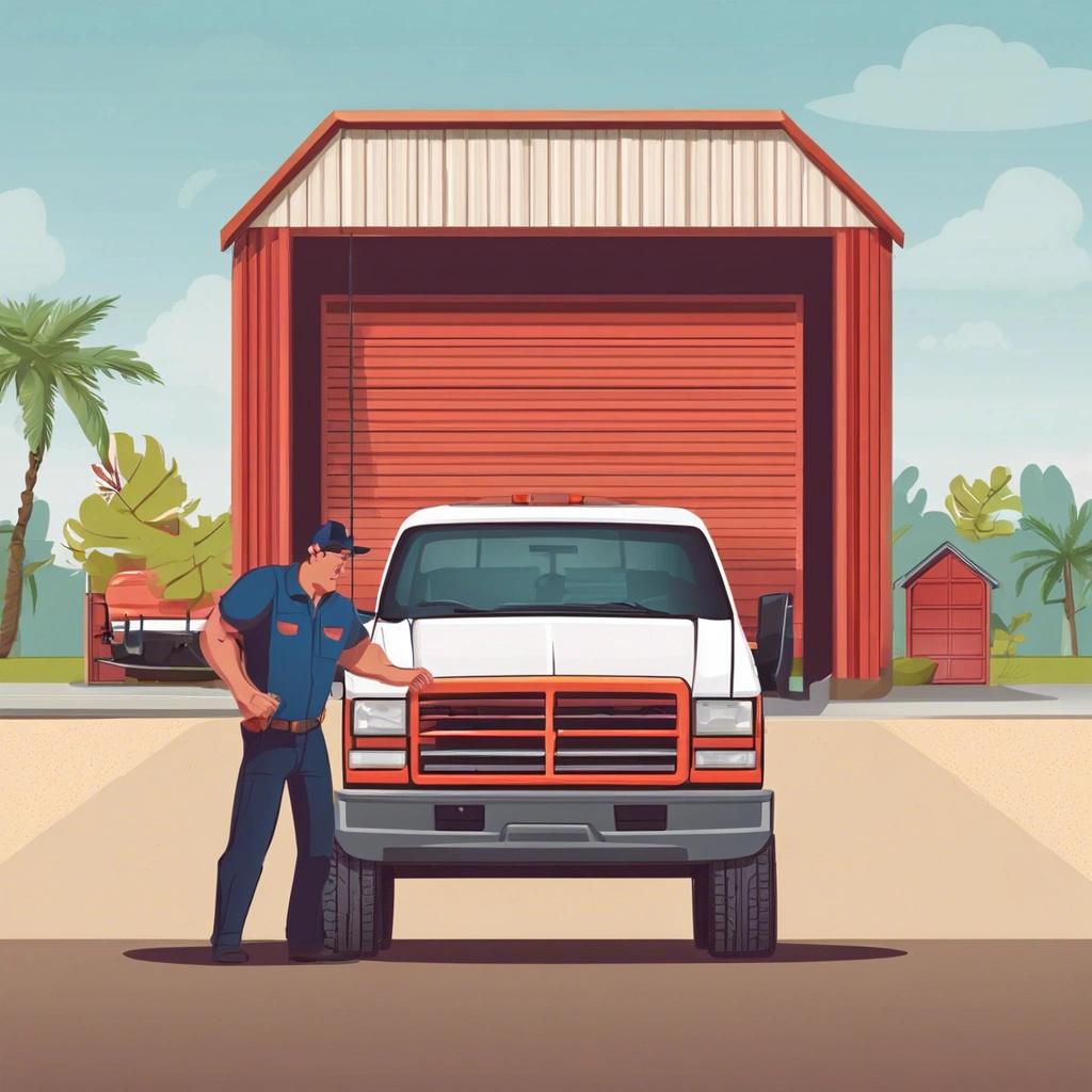 A garage door technician leaning against a service truck in front of an open garage, depicting the on-site services for installations and repairs offered by Bear Door Services.